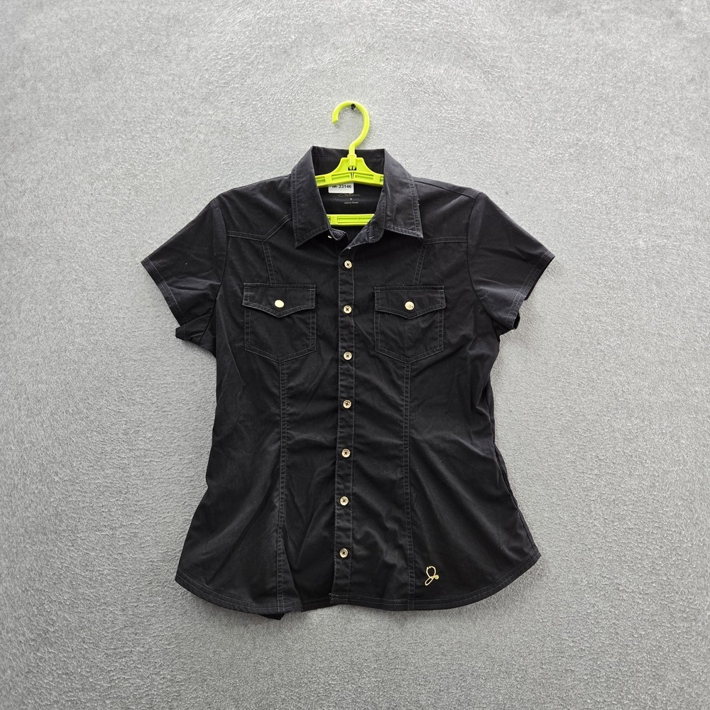 Jaanuu Women‎ Scrub Top S Black Button Front Short Sleeve Logo